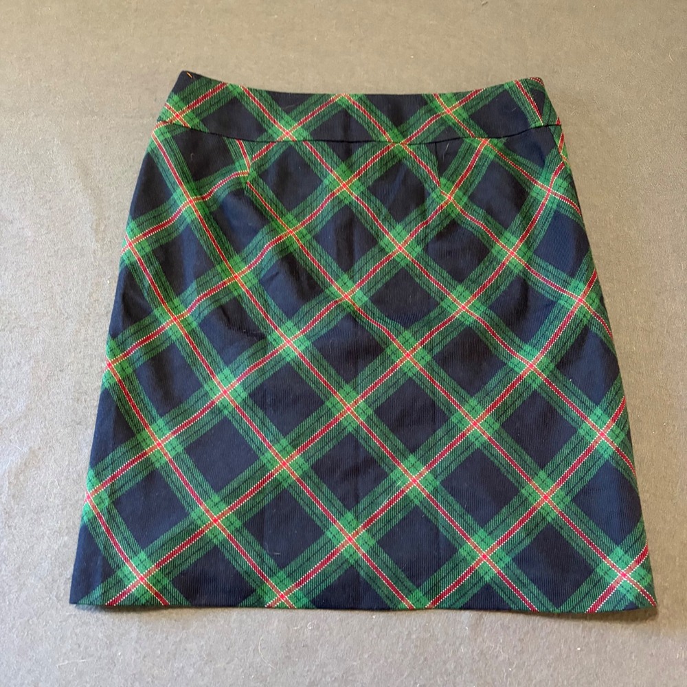 Talbots Plaid A-Line Skirt Womens 8 Navy Green Red Wool Blend Fall Core Preppy